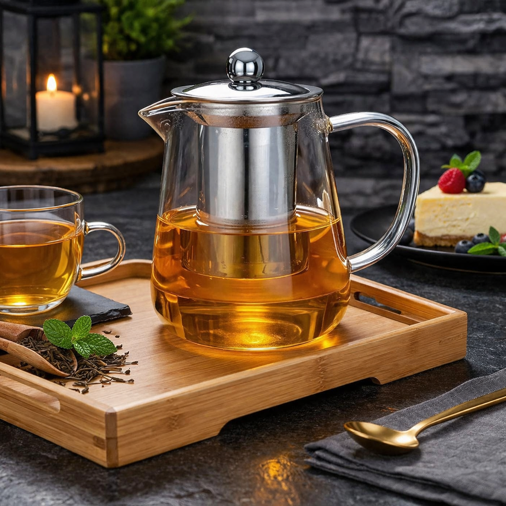 Round Glass Tea Pot with Heat Resistant Stainless Steel Infuser Perfect for Tea and Coffee Maker