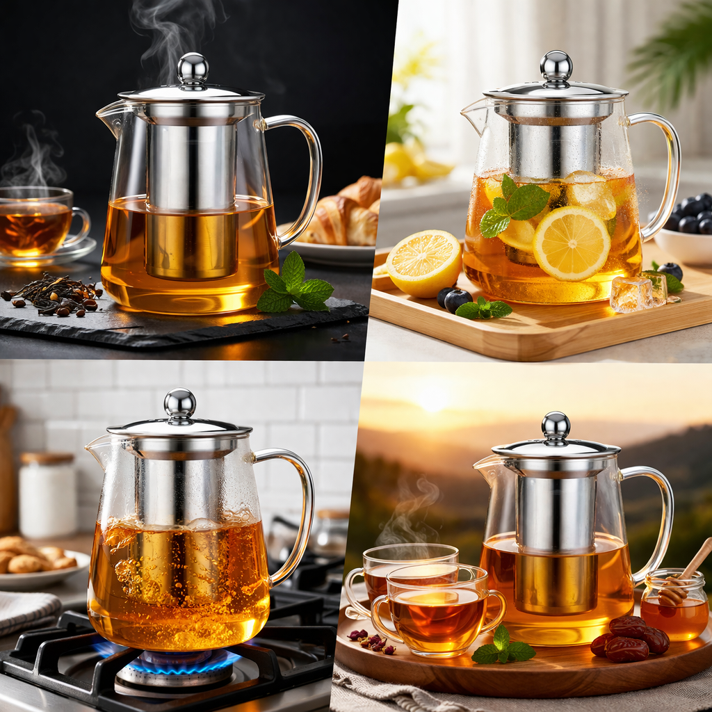 Round Glass Tea Pot with Heat Resistant Stainless Steel Infuser Perfect for Tea and Coffee Maker